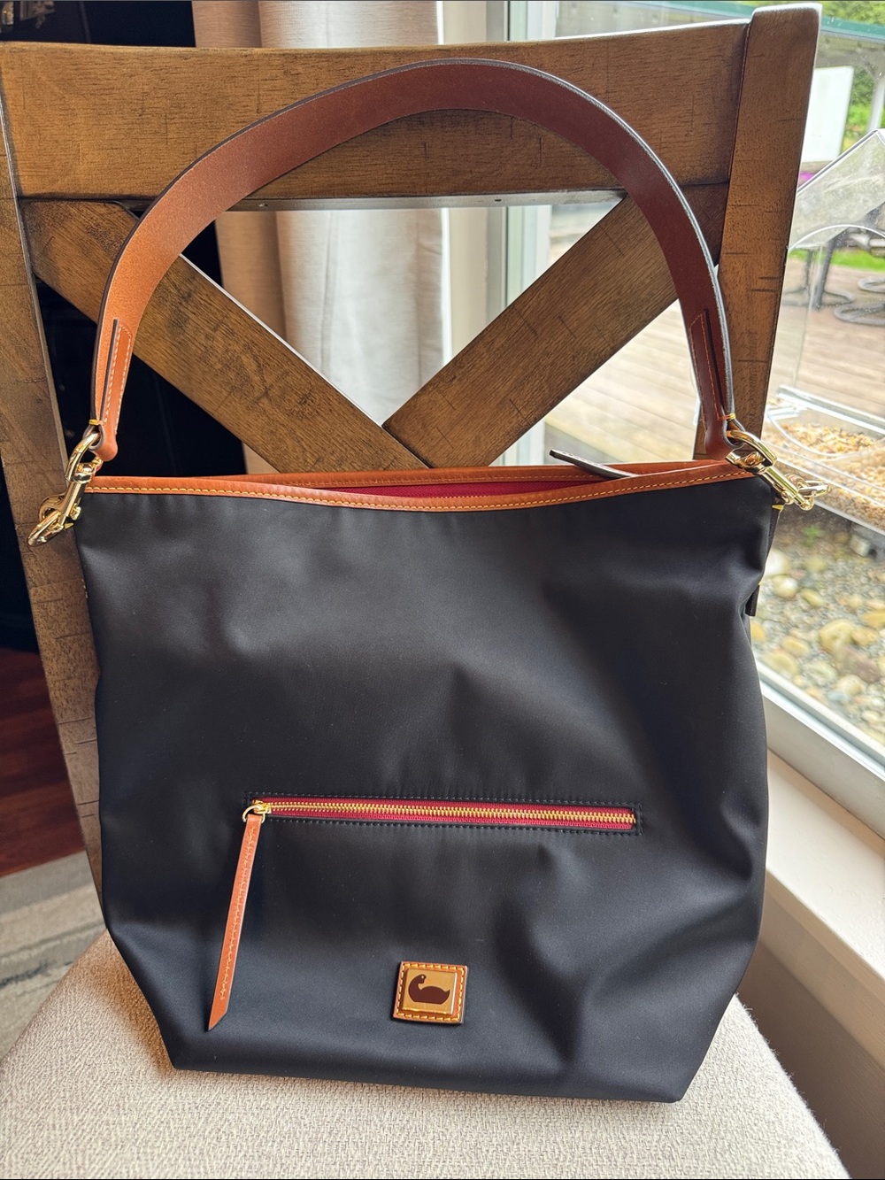 Dooney & Bourke Black Nylon Shoulder Bag with Brown Trim